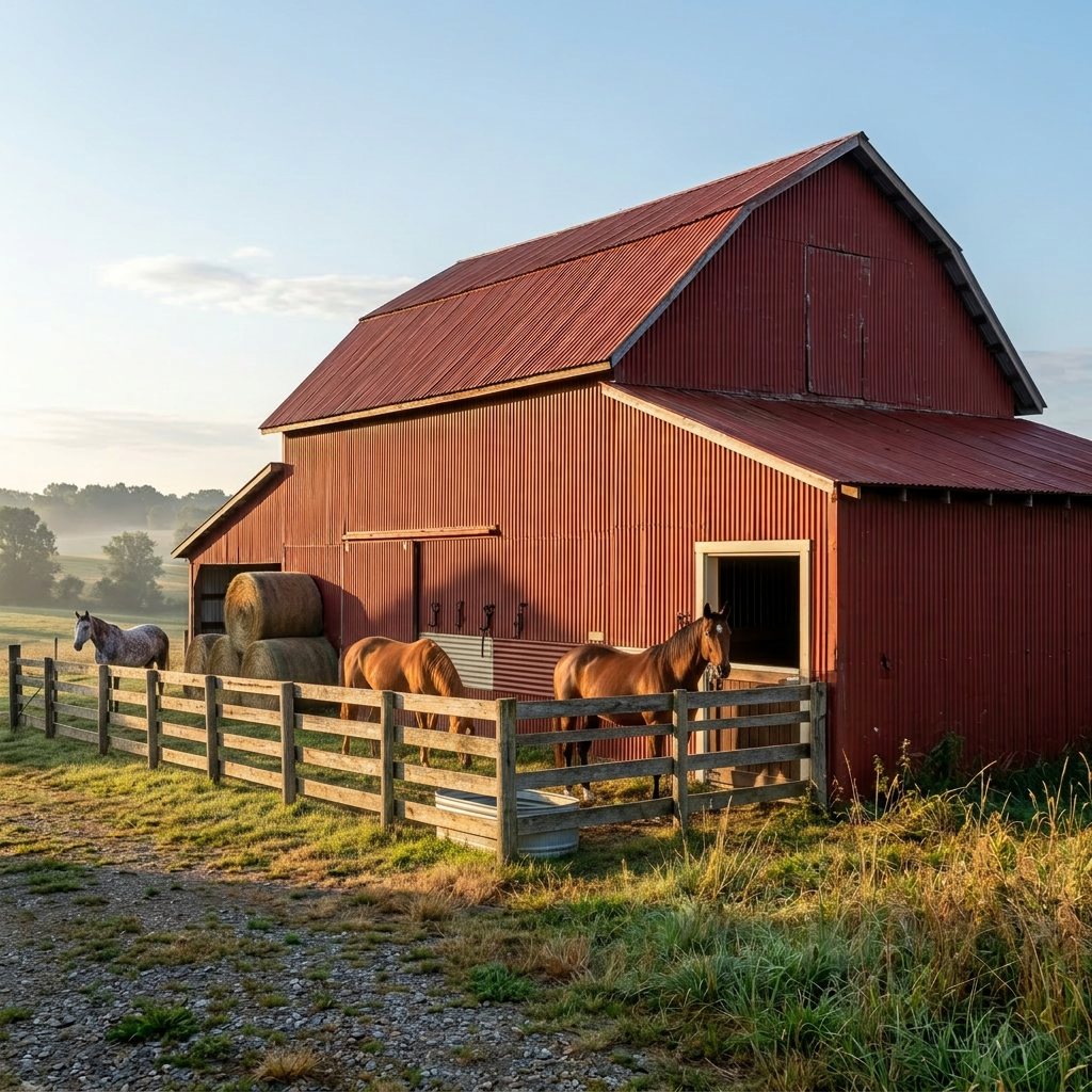 Red barn with stacked hay bales outside in early morning light